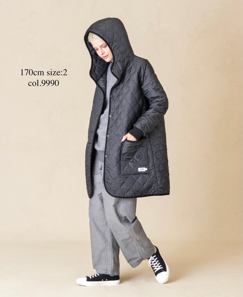 NAM2562PP(コート) PLAIN POLYESTERxPLAIN POLYESTER HEAT QUILT OVERSIZED MID-LENGTH HOODED COAT WITH RIBBED CUFF