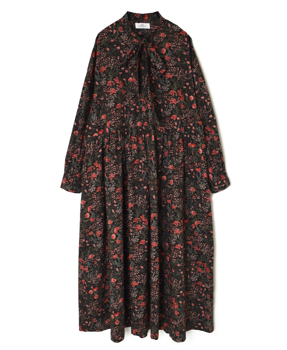 NSL25593(ワンピース) 60s CAMBRIC FLOWER PRINT TAI GATHER FLY FRONT PULLOVER DRESS