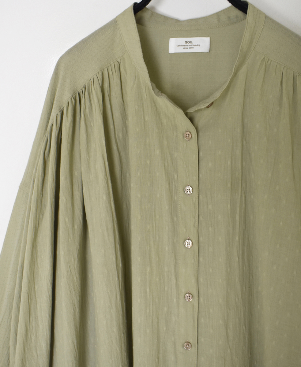 NSL25614(ワンピース) COTTON DOBIE DOT PATCHWORK BANDED COLLAR GATHERED SHIRT DRESS