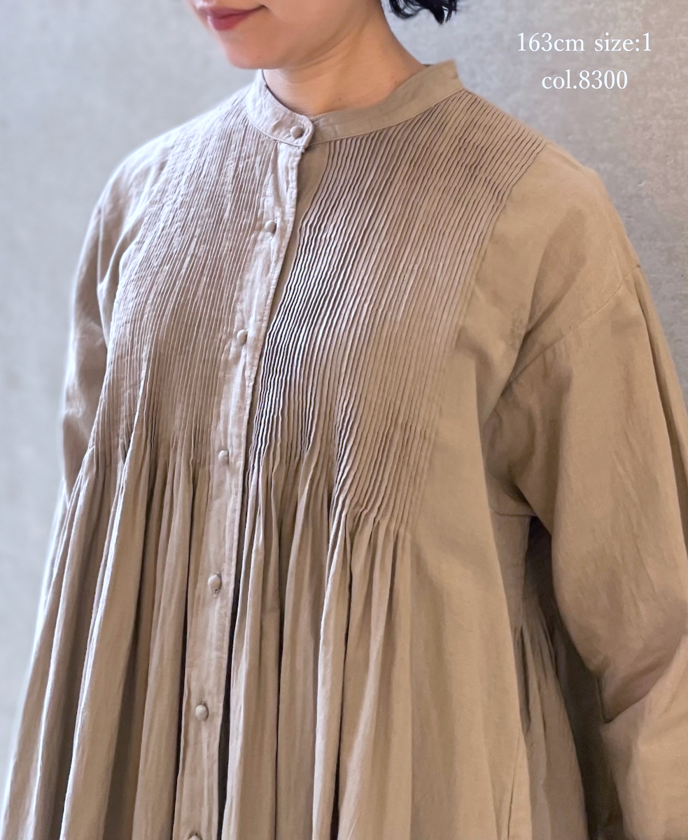 INMDS25724(ワンピース) HANDWOVEN HEAVY COTTON PLAIN MINI PINTUCK BANDED COLLAR SHIRT DRESS
