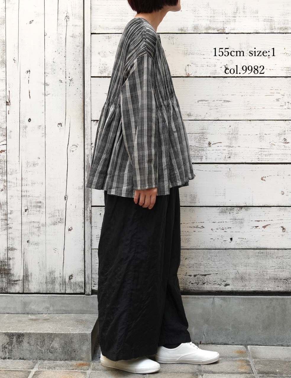 NMDS25592(シャツ) WOOL COTTON CHECK CREW-NECK BUTTON SHIRT WITH PINTUCK