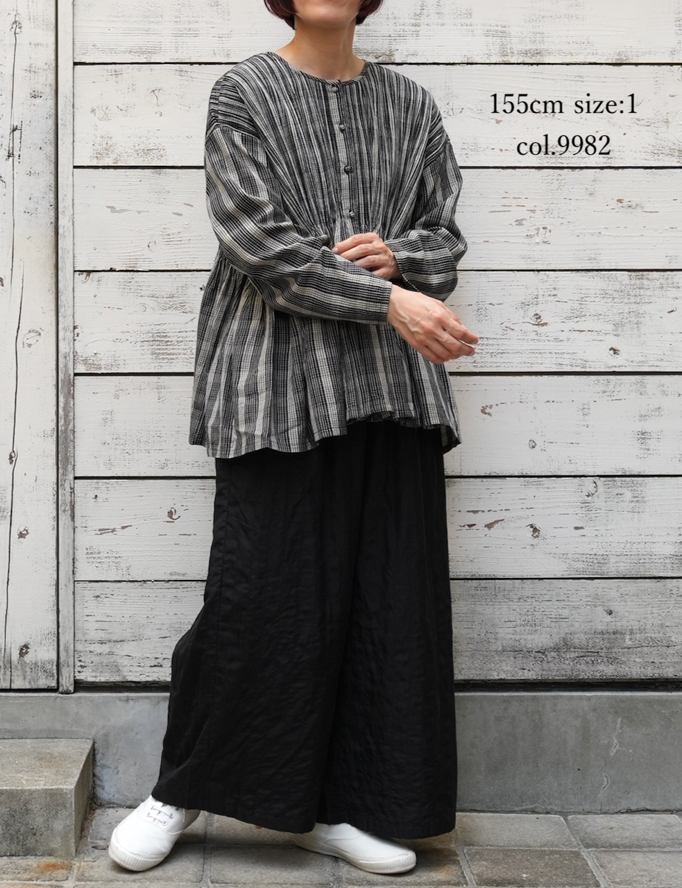 NMDS25592(シャツ) WOOL COTTON CHECK CREW-NECK BUTTON SHIRT WITH PINTUCK