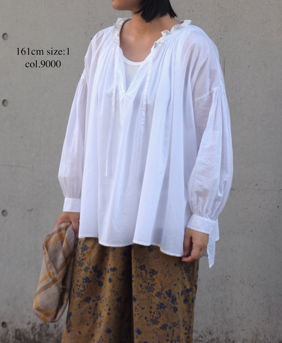 NSL25622(シャツ) 60s CAMBRIC PLAIN WITH LACE STRING COLLAR GATHERED SHIRT