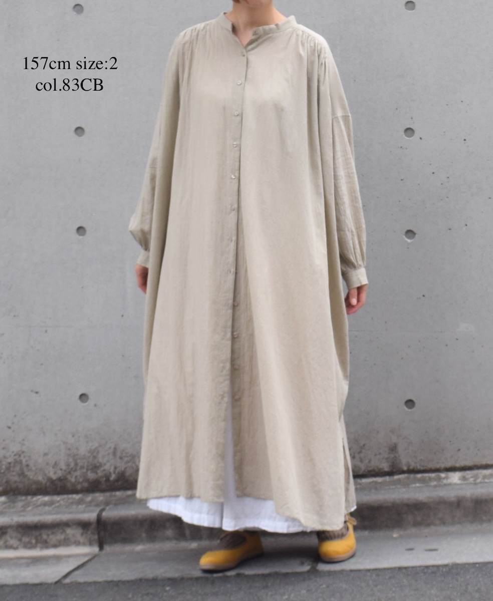 NSL25614(ワンピース) COTTON DOBIE DOT PATCHWORK BANDED COLLAR GATHERED SHIRT DRESS