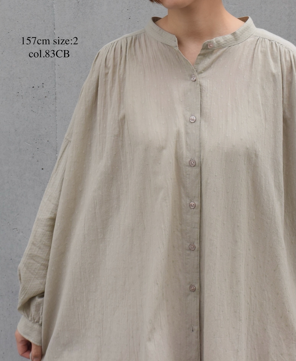 NSL25614(ワンピース) COTTON DOBIE DOT PATCHWORK BANDED COLLAR GATHERED SHIRT DRESS