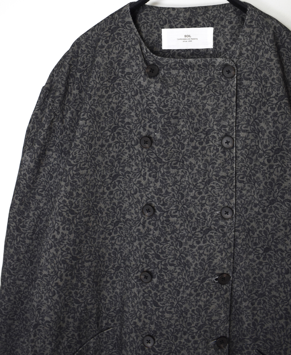NSL25582(ジャケット) CORDUROY SMALL FLOWER PRINT NO COLLAR DOUBLE LONG JACKET
