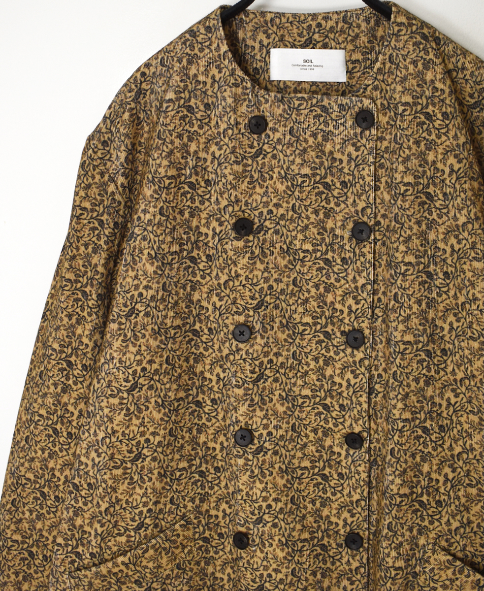 NSL25582(ジャケット) CORDUROY SMALL FLOWER PRINT NO COLLAR DOUBLE LONG JACKET