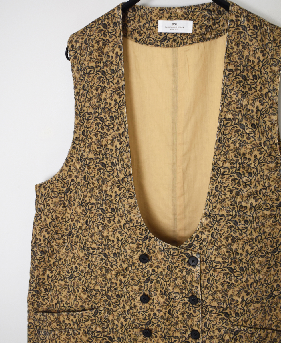 NSL25584(ベスト) CORDUROY SMALL FLOWER PRINT U-NECK LONG VEST WITH SIDE SLIT