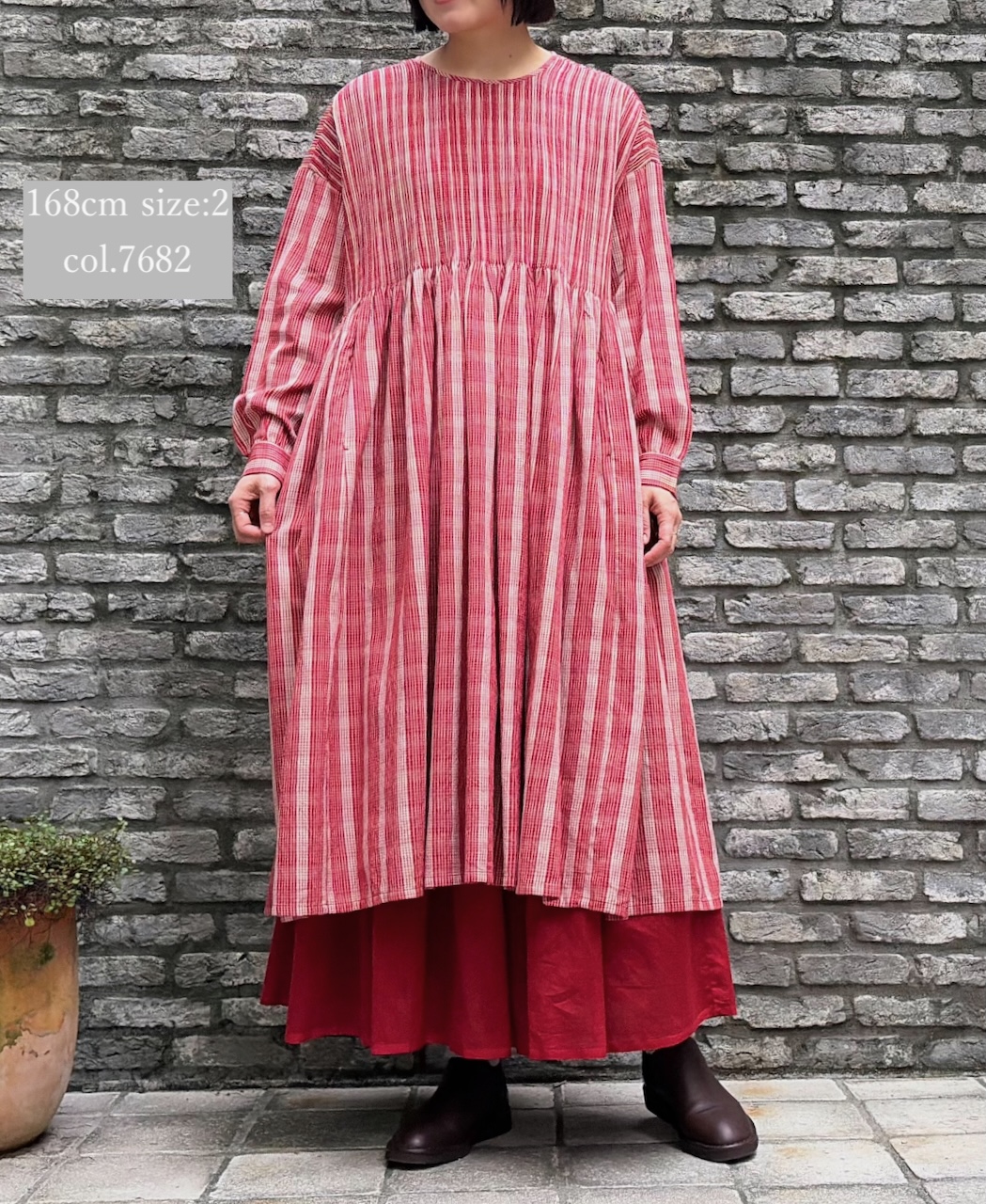 NMDS25593(ワンピース) WOOL COTTON CHECK CREW-NECK P/O DRESS WITH PINTUCK
