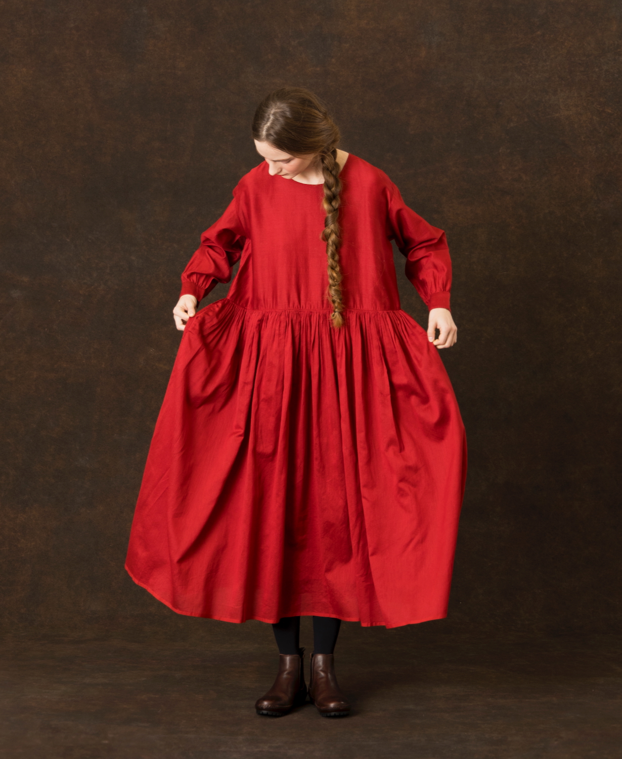 NMDS25544(ワンピース)  PLAIN COTTON SILK RAJASTHAN TUCK GATHERED DRESS