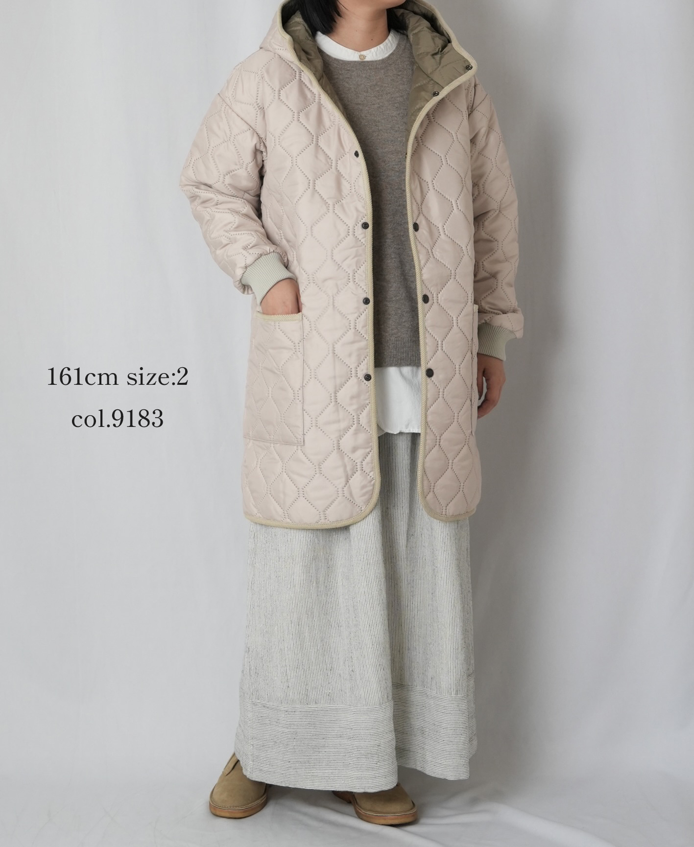 NAM2562PP(コート) PLAIN POLYESTERxPLAIN POLYESTER HEAT QUILT OVERSIZED MID-LENGTH HOODED COAT WITH RIBBED CUFF