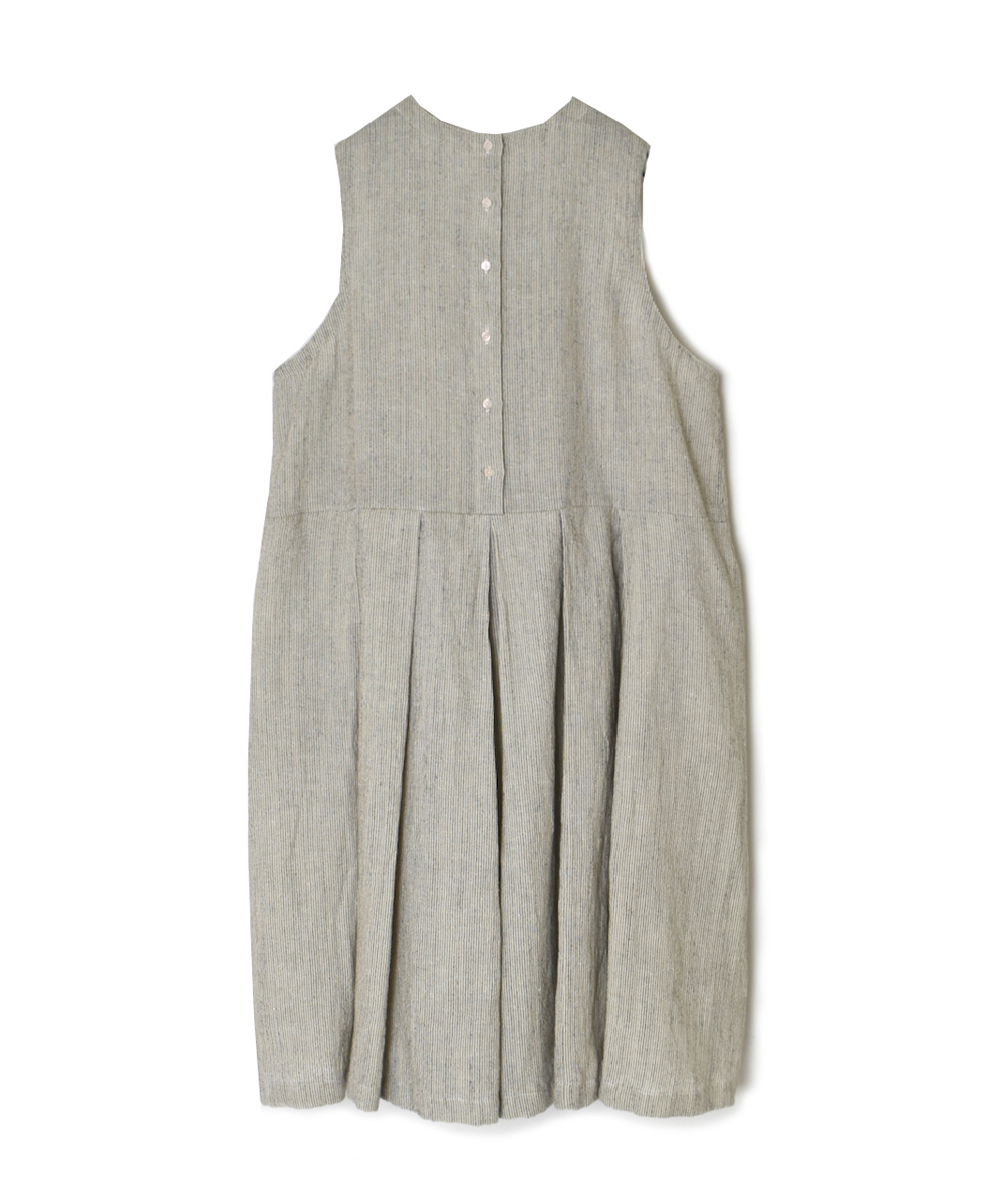 INSL25713(ワンピース) WOOL/LINEN STRIPE CREW-NECK PLEATS NO/SL DRESS