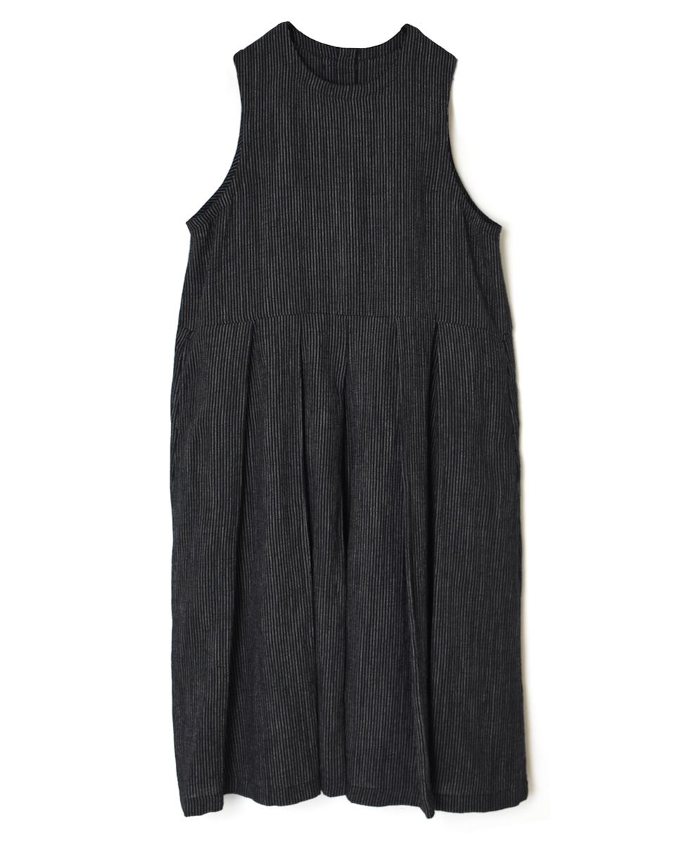 INSL25713(ワンピース) WOOL/LINEN STRIPE CREW-NECK PLEATS NO/SL DRESS