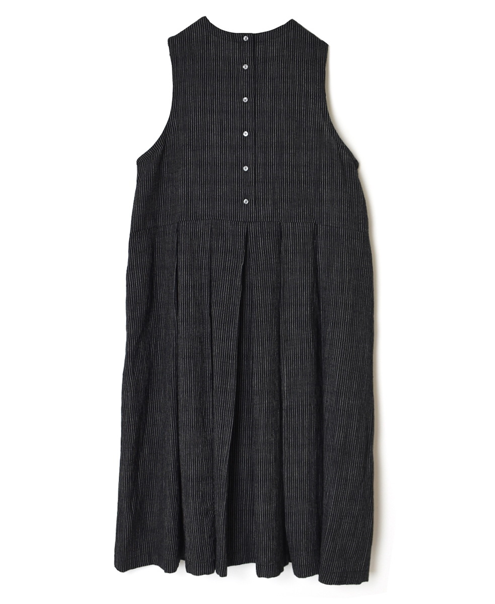 INSL25713(ワンピース) WOOL/LINEN STRIPE CREW-NECK PLEATS NO/SL DRESS
