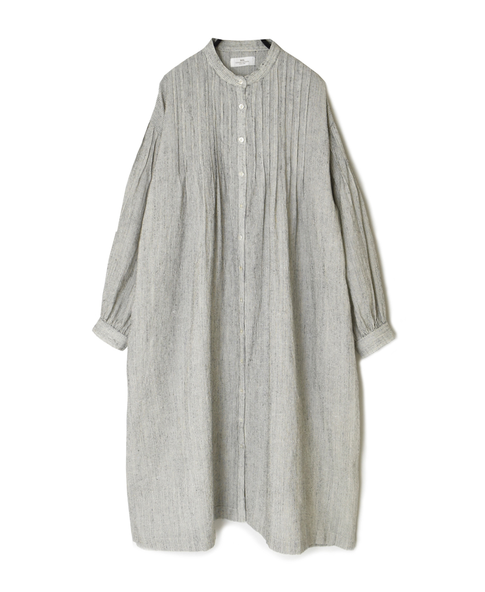 INSL25714(ワンピース) WOOL/LINEN STRIPE BANDED COLLAR DRESS WITH PINTUCK