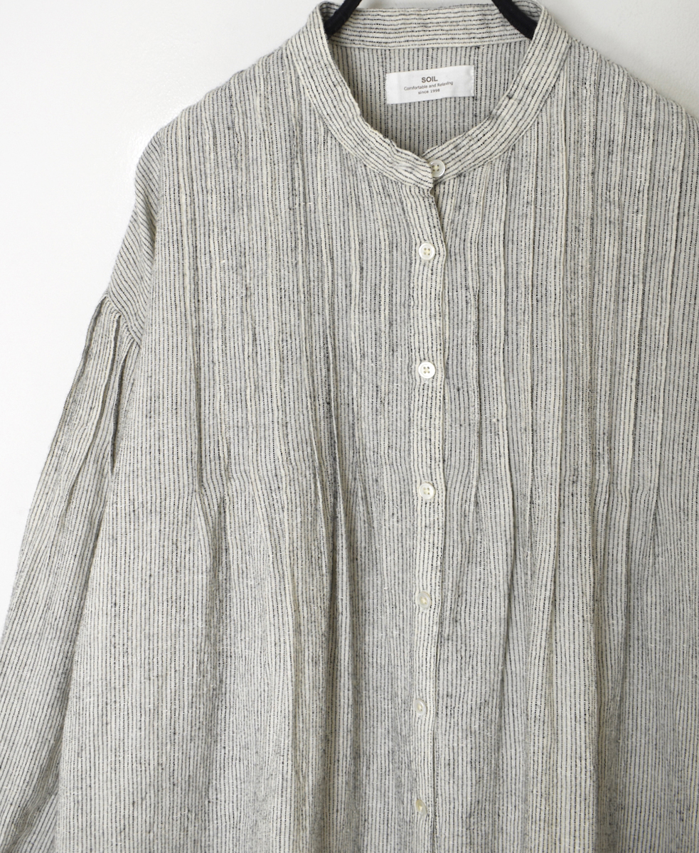 INSL25714(ワンピース) WOOL/LINEN STRIPE BANDED COLLAR DRESS WITH PINTUCK