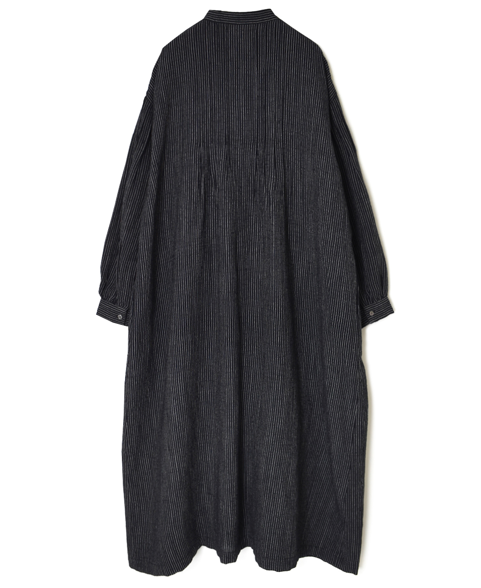 INSL25714(ワンピース) WOOL/LINEN STRIPE BANDED COLLAR DRESS WITH PINTUCK