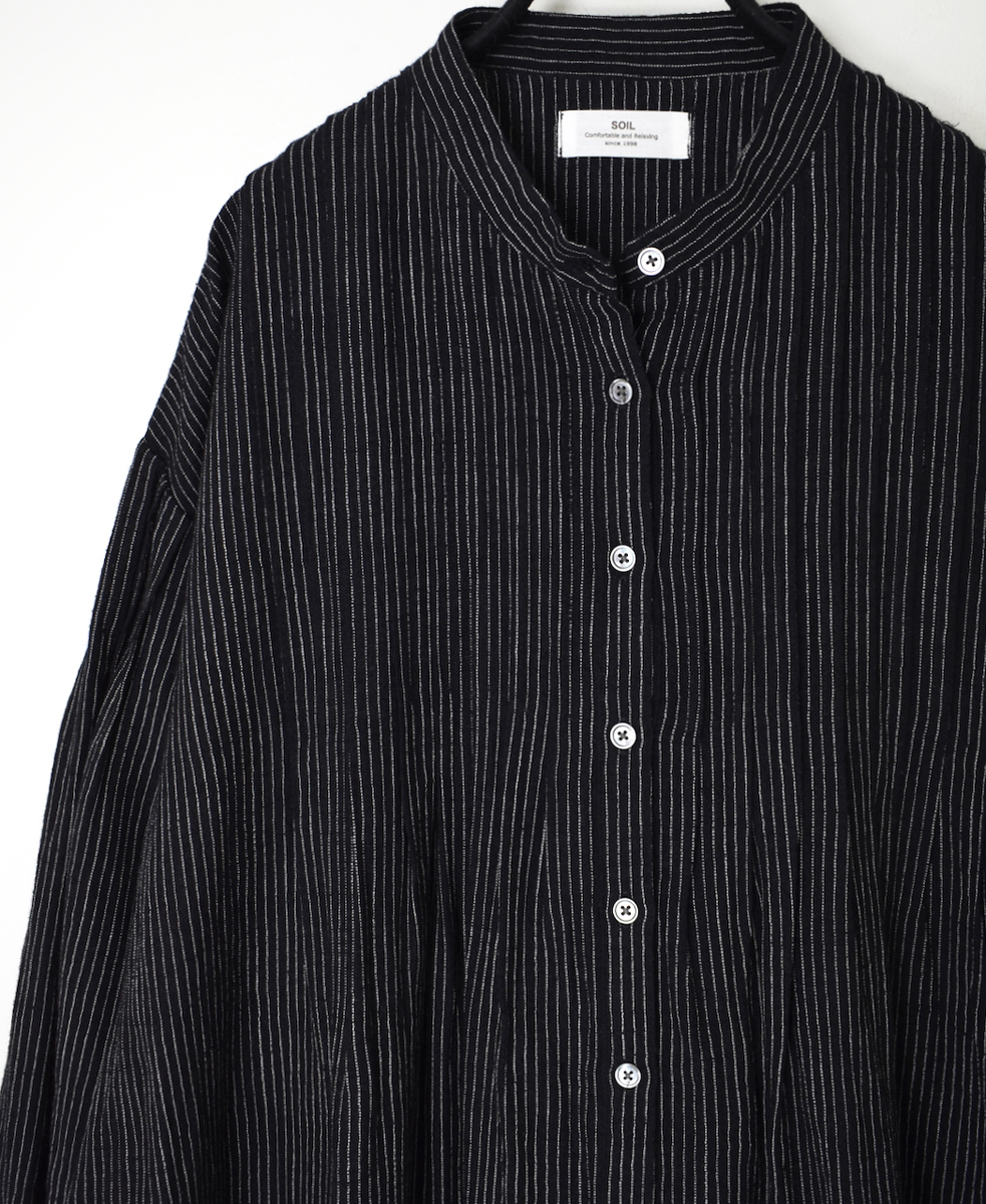 INSL25714(ワンピース) WOOL/LINEN STRIPE BANDED COLLAR DRESS WITH PINTUCK