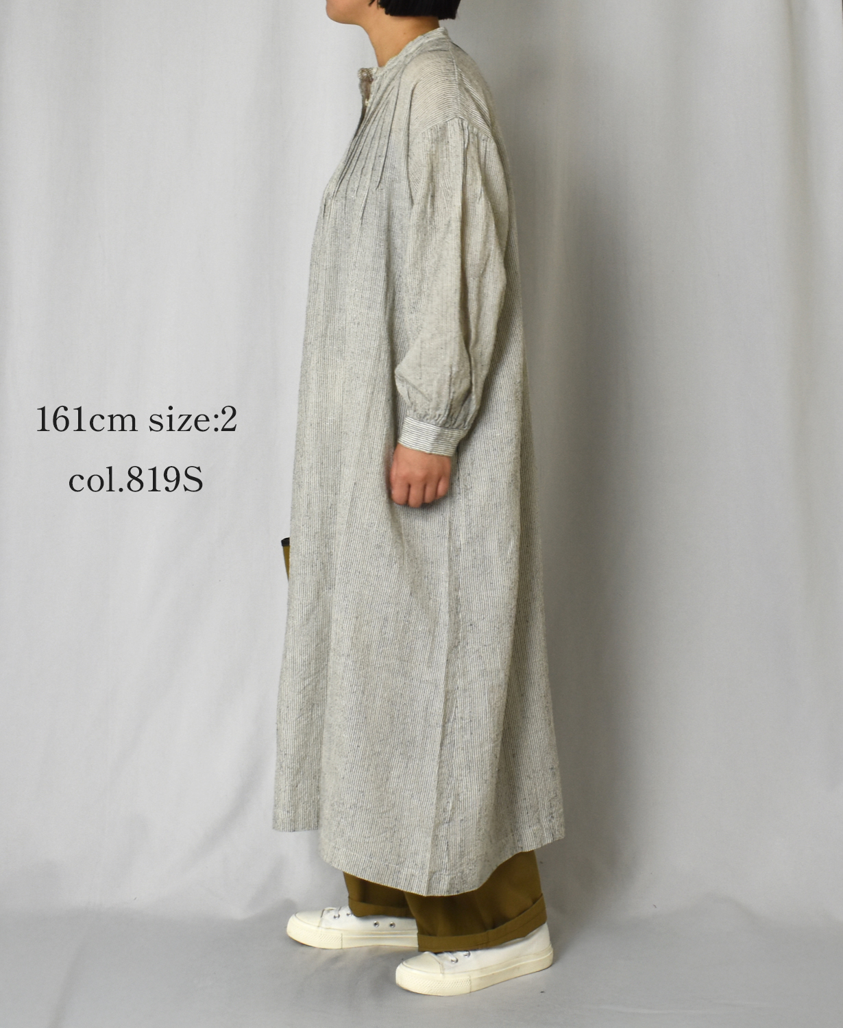 INSL25714(ワンピース) WOOL/LINEN STRIPE BANDED COLLAR DRESS WITH PINTUCK