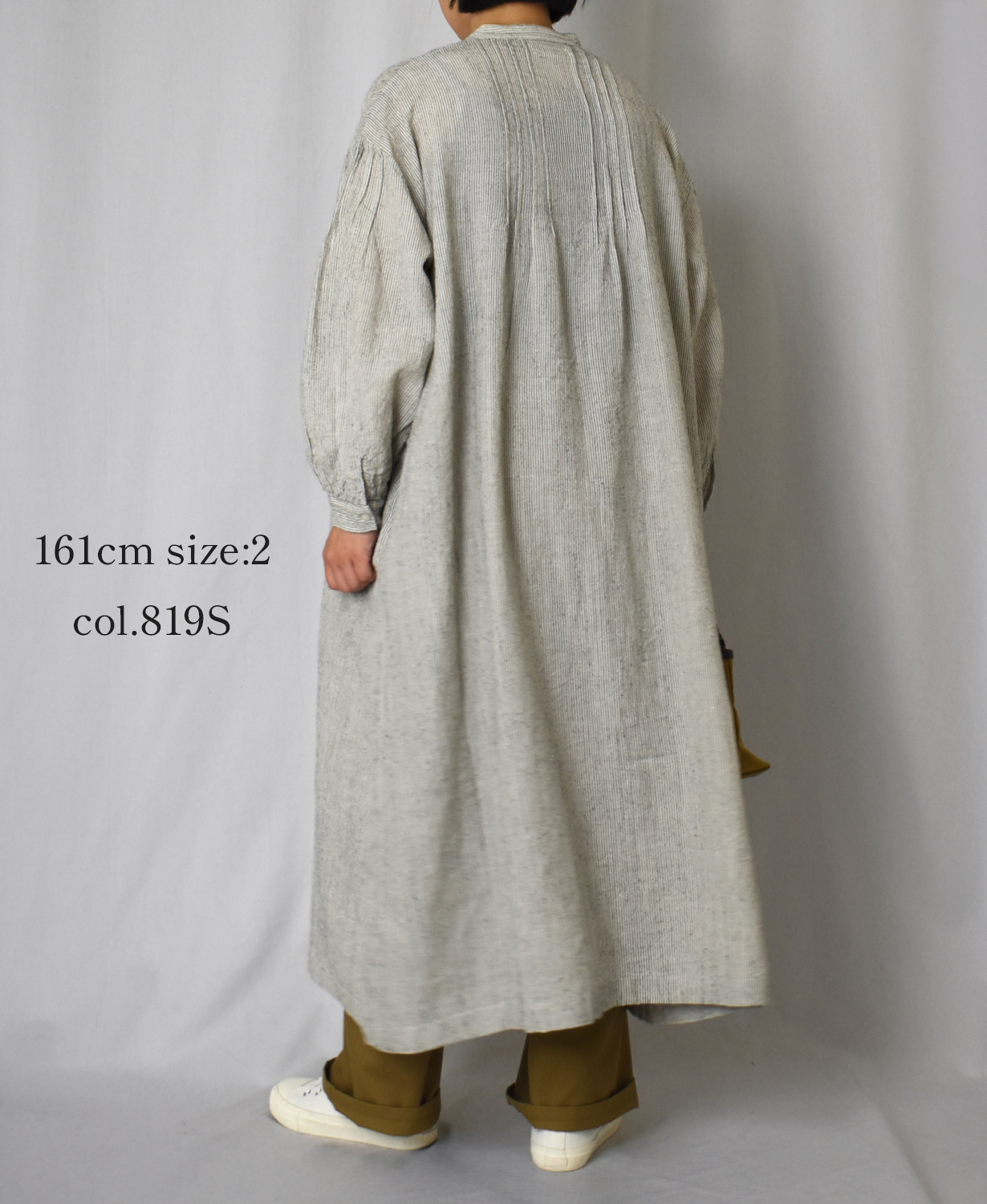 INSL25714(ワンピース) WOOL/LINEN STRIPE BANDED COLLAR DRESS WITH PINTUCK
