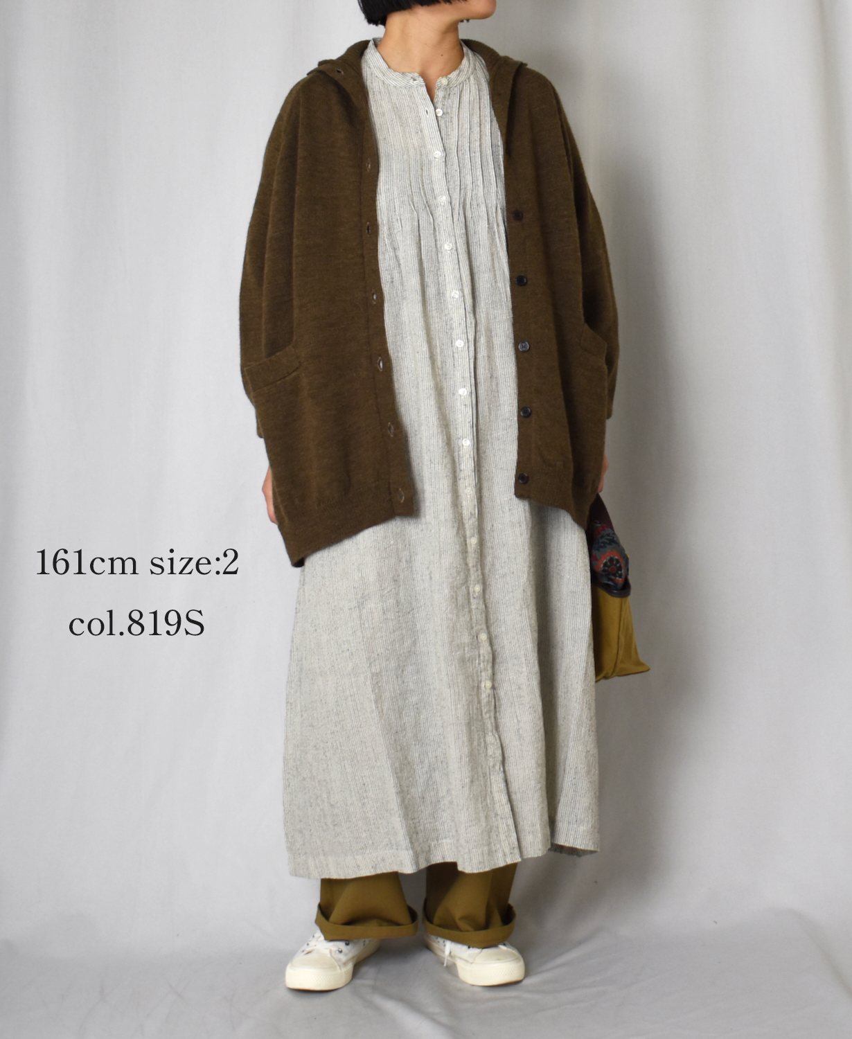INSL25714(ワンピース) WOOL/LINEN STRIPE BANDED COLLAR DRESS WITH PINTUCK
