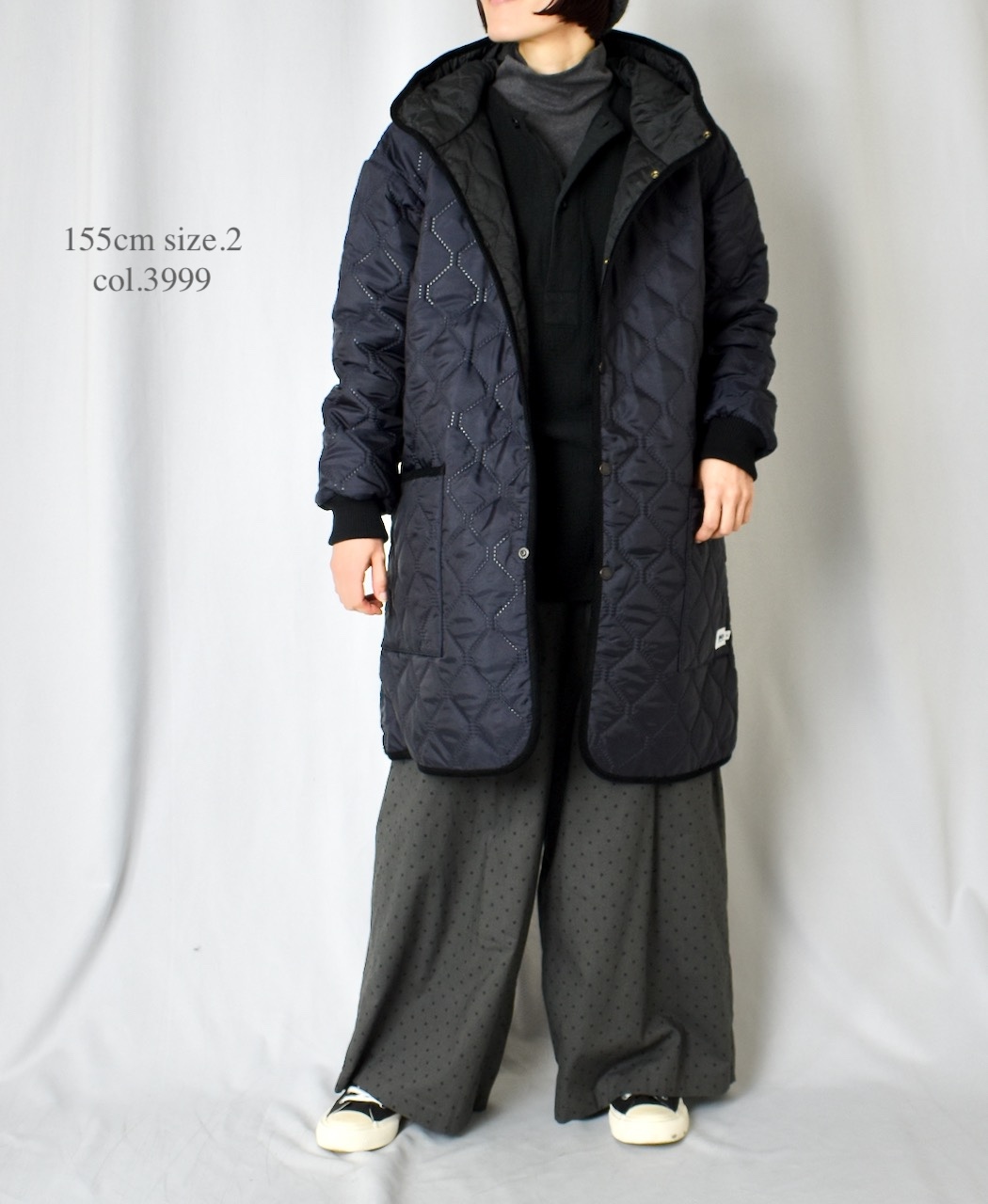 NAM2562PP(コート) PLAIN POLYESTERxPLAIN POLYESTER HEAT QUILT OVERSIZED MID-LENGTH HOODED COAT WITH RIBBED CUFF