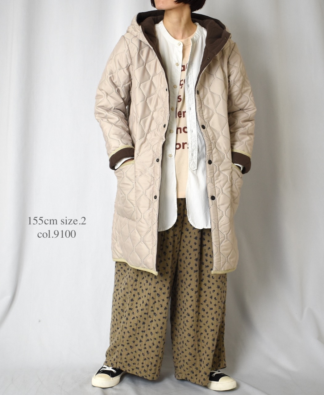 NAM2554(コート) PLAIN POLYESTER×FREECE HEAT QUILT REVERSIBLE HIGH COLLAR HOODED COAT
