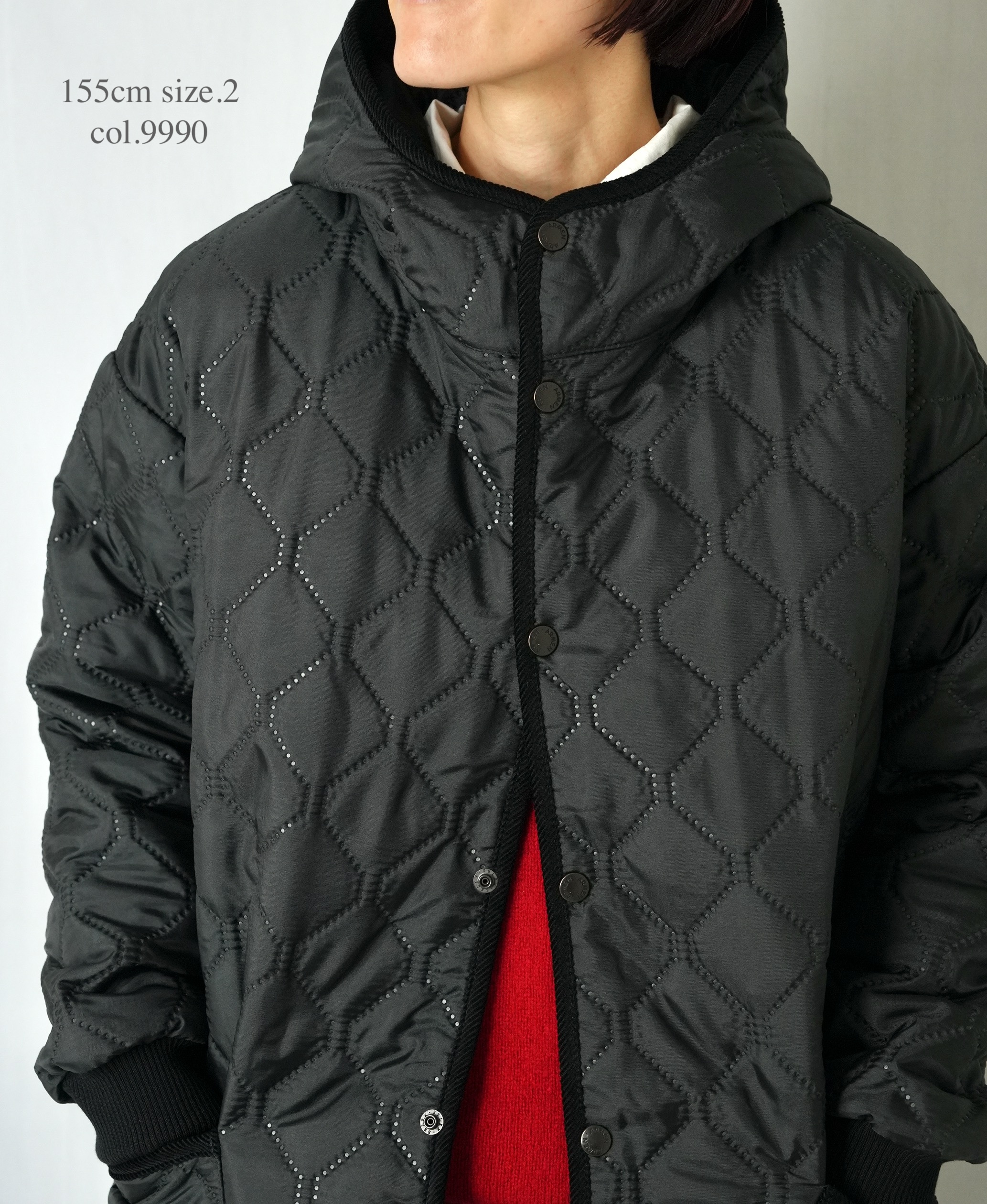 NAM2562PP(コート) PLAIN POLYESTERxPLAIN POLYESTER HEAT QUILT OVERSIZED MID-LENGTH HOODED COAT WITH RIBBED CUFF