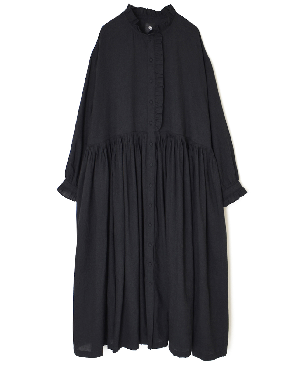 INMDS25754(ワンピース) WOOL/COTTON/SILK PLAIN FRILL COLLAR SHIRT DRESS WITH RAJASTHAN GATHER