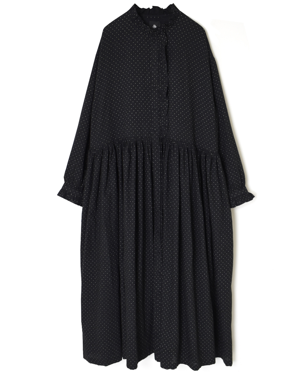 INMDS25764(ワンピース) WOOL/COTTON/SILK PIN DOT PRINT FRILL COLLAR SHIRT DRESS WITH RAJASTHAN GATHER