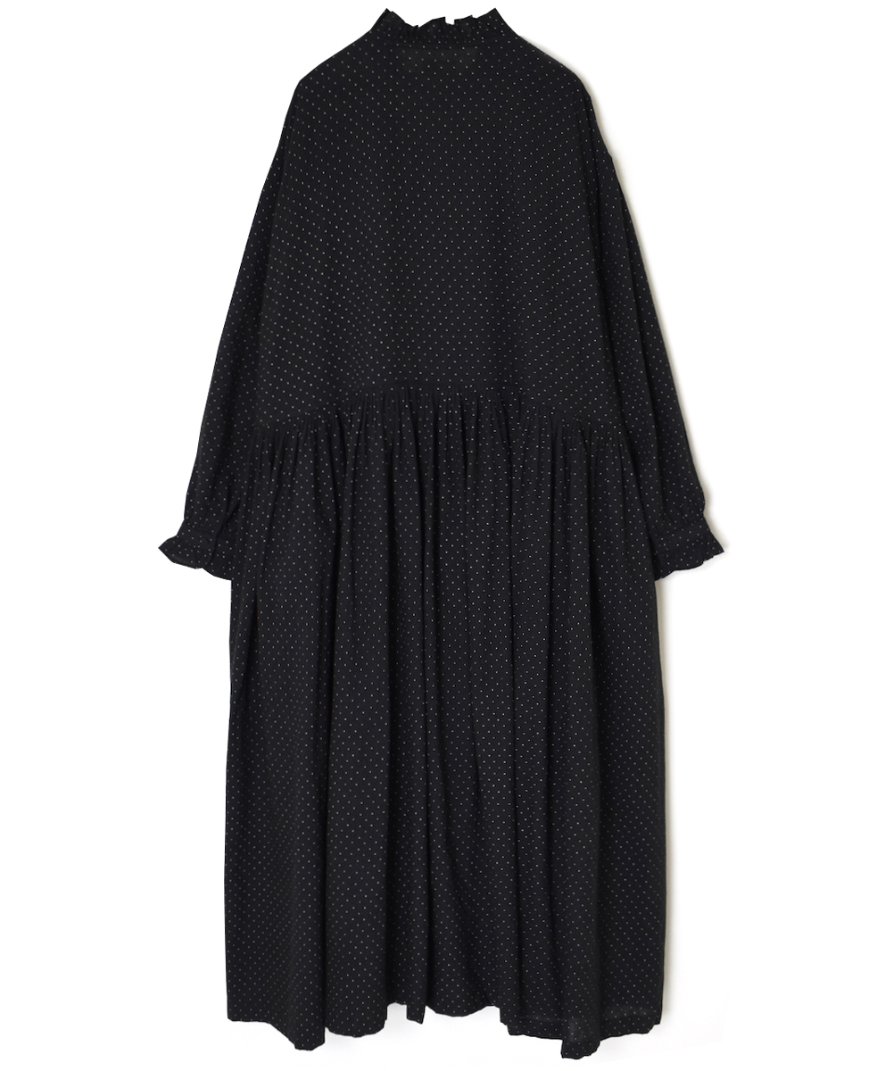 INMDS25764(ワンピース) WOOL/COTTON/SILK PIN DOT PRINT FRILL COLLAR SHIRT DRESS WITH RAJASTHAN GATHER