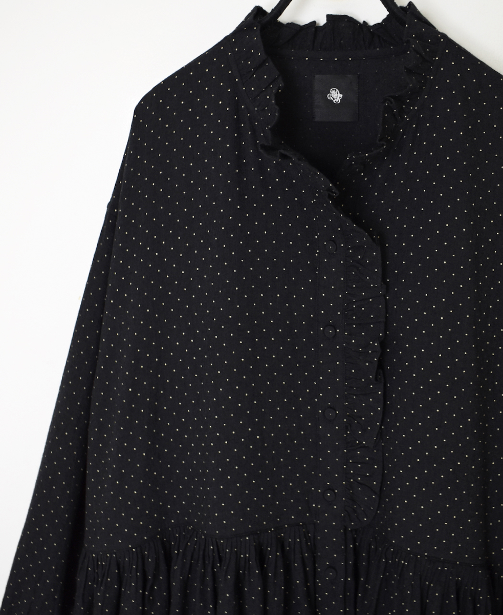 INMDS25764(ワンピース) WOOL/COTTON/SILK PIN DOT PRINT FRILL COLLAR SHIRT DRESS WITH RAJASTHAN GATHER