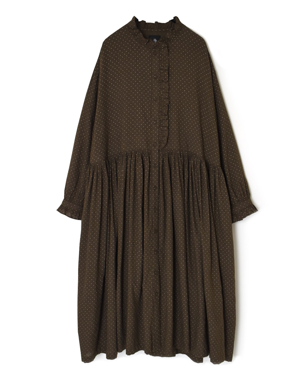 INMDS25764(ワンピース) WOOL/COTTON/SILK PIN DOT PRINT FRILL COLLAR SHIRT DRESS WITH RAJASTHAN GATHER