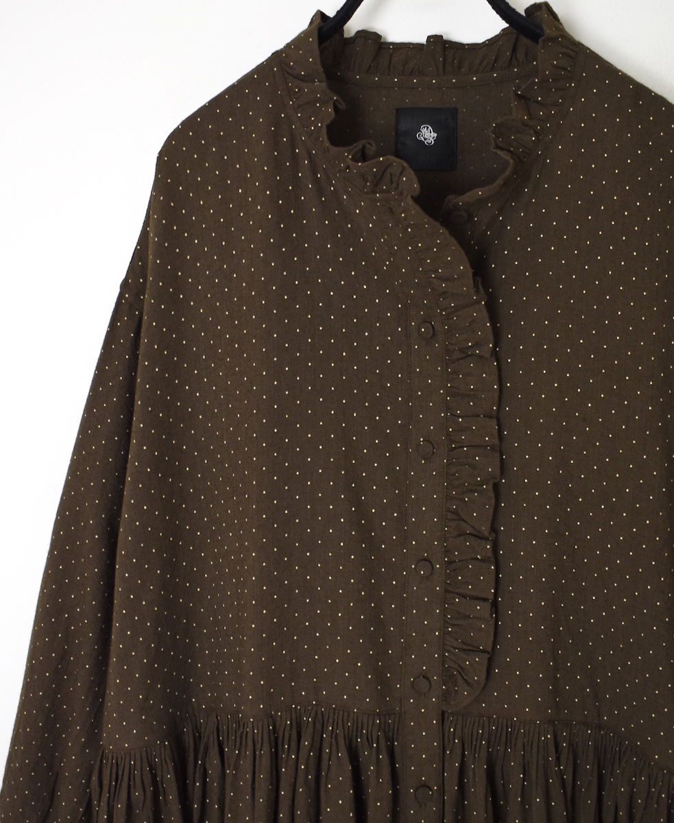 INMDS25764(ワンピース) WOOL/COTTON/SILK PIN DOT PRINT FRILL COLLAR SHIRT DRESS WITH RAJASTHAN GATHER