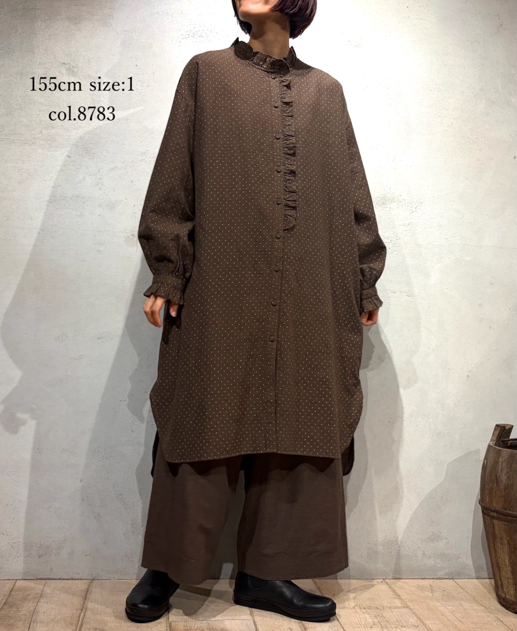 INMDS25763(シャツ) WOOL/COTTON/SILK PIN DOT PRINT FRILL COLLAR LONG SHIRT