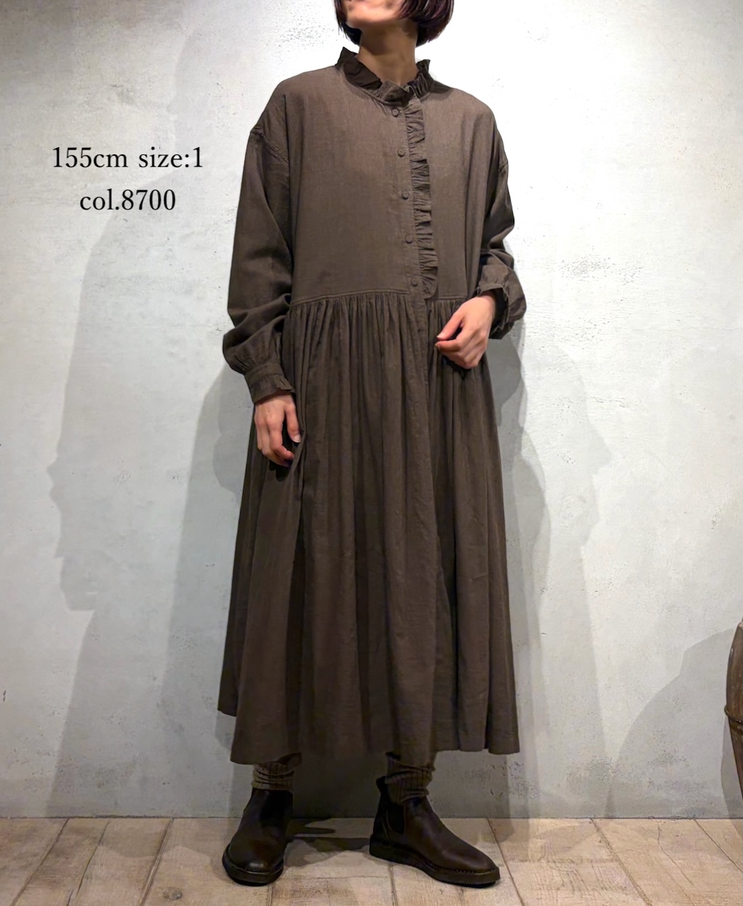 INMDS25754(ワンピース) WOOL/COTTON/SILK PLAIN FRILL COLLAR SHIRT DRESS WITH RAJASTHAN GATHER