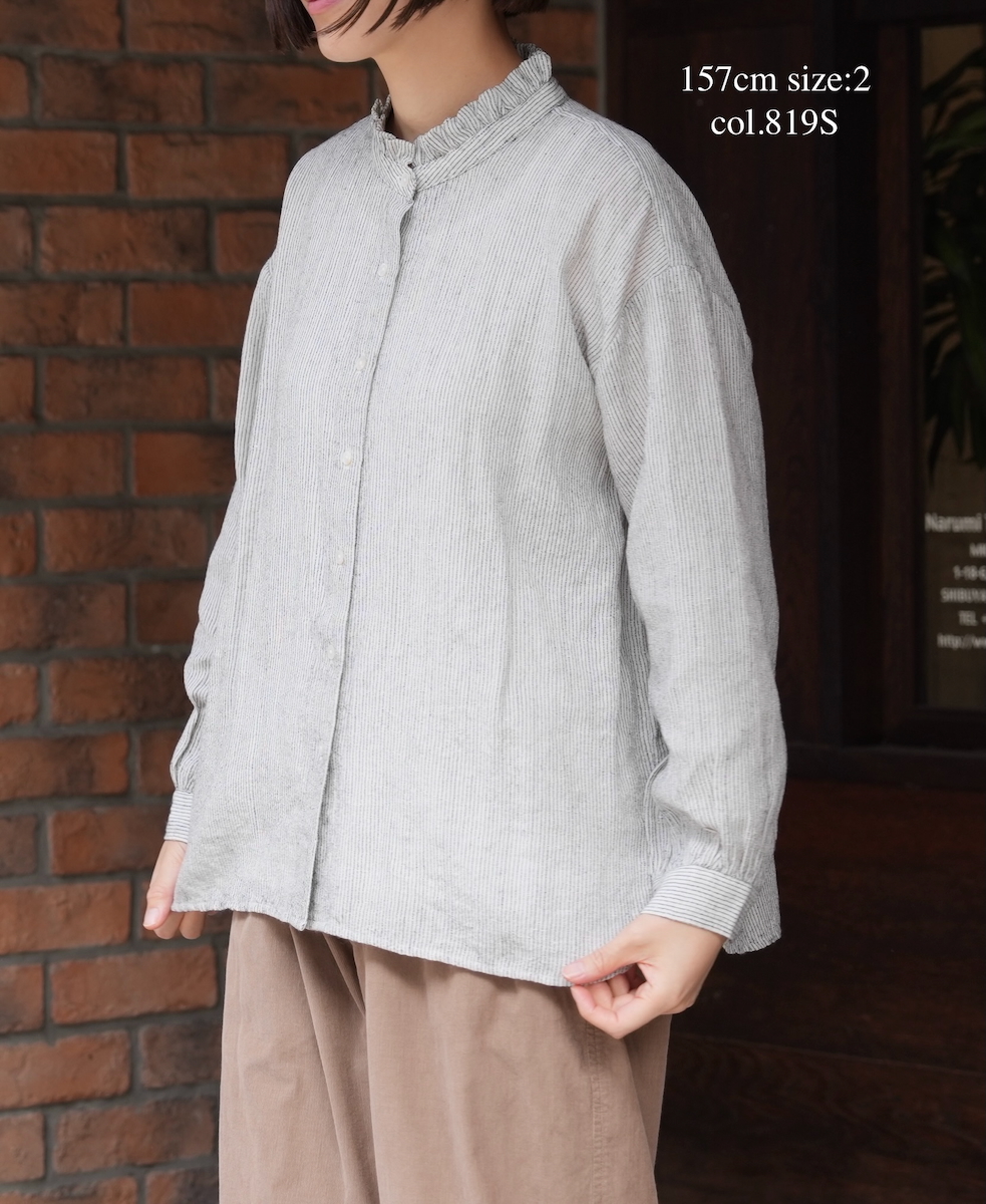 INSL25711(シャツ) WOOL/LINEN STRIPE FRILL COLLAR SHIRT