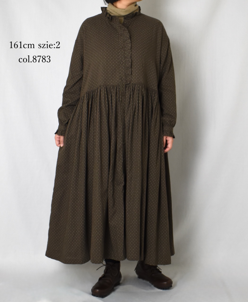 INMDS25764(ワンピース) WOOL/COTTON/SILK PIN DOT PRINT FRILL COLLAR SHIRT DRESS WITH RAJASTHAN GATHER