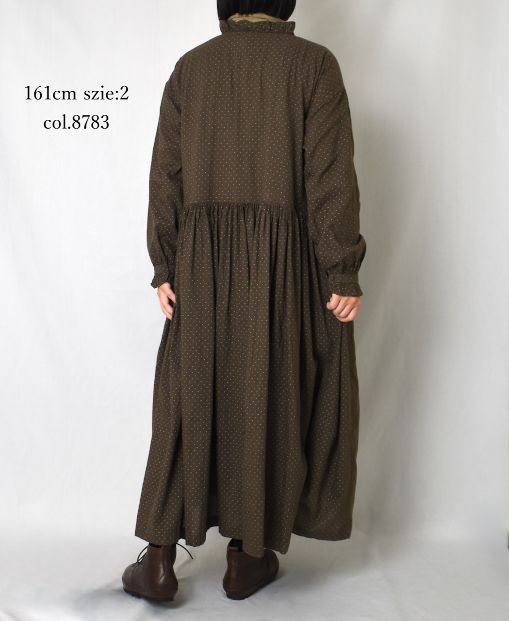 INMDS25764(ワンピース) WOOL/COTTON/SILK PIN DOT PRINT FRILL COLLAR SHIRT DRESS WITH RAJASTHAN GATHER