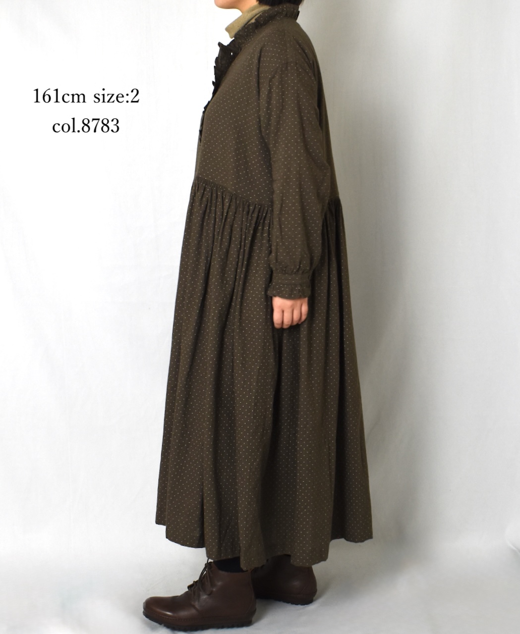 INMDS25764(ワンピース) WOOL/COTTON/SILK PIN DOT PRINT FRILL COLLAR SHIRT DRESS WITH RAJASTHAN GATHER