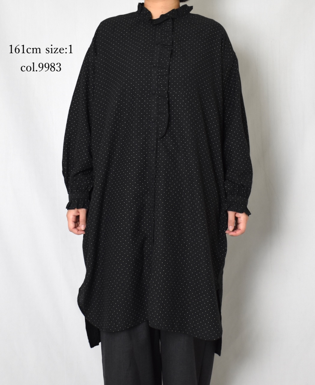 INMDS25763(シャツ) WOOL/COTTON/SILK PIN DOT PRINT FRILL COLLAR LONG SHIRT