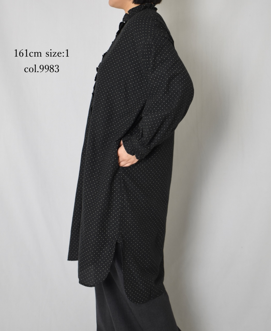 INMDS25763(シャツ) WOOL/COTTON/SILK PIN DOT PRINT FRILL COLLAR LONG SHIRT