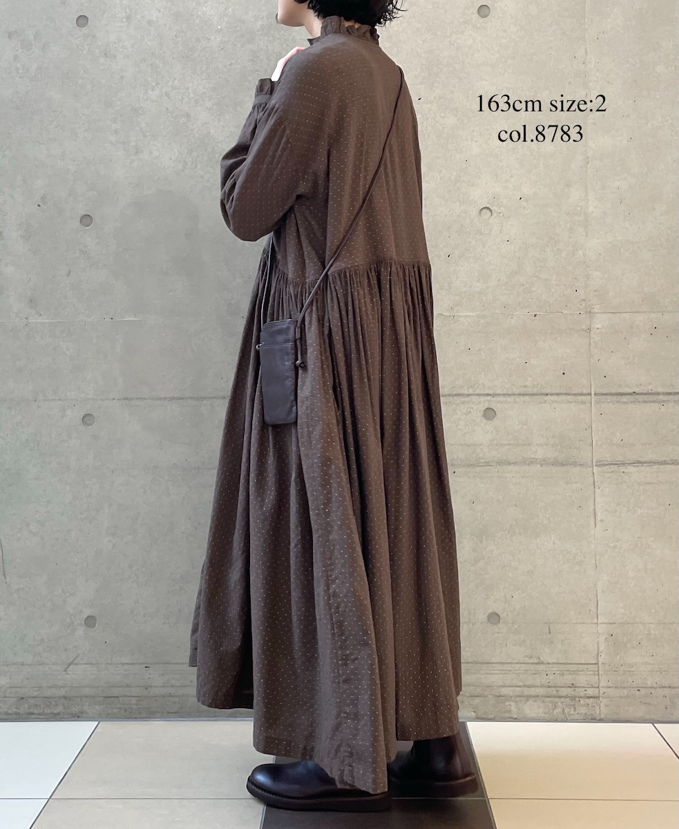 INMDS25764(ワンピース) WOOL/COTTON/SILK PIN DOT PRINT FRILL COLLAR SHIRT DRESS WITH RAJASTHAN GATHER