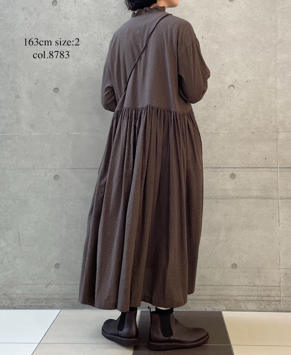 INMDS25764(ワンピース) WOOL/COTTON/SILK PIN DOT PRINT FRILL COLLAR SHIRT DRESS WITH RAJASTHAN GATHER