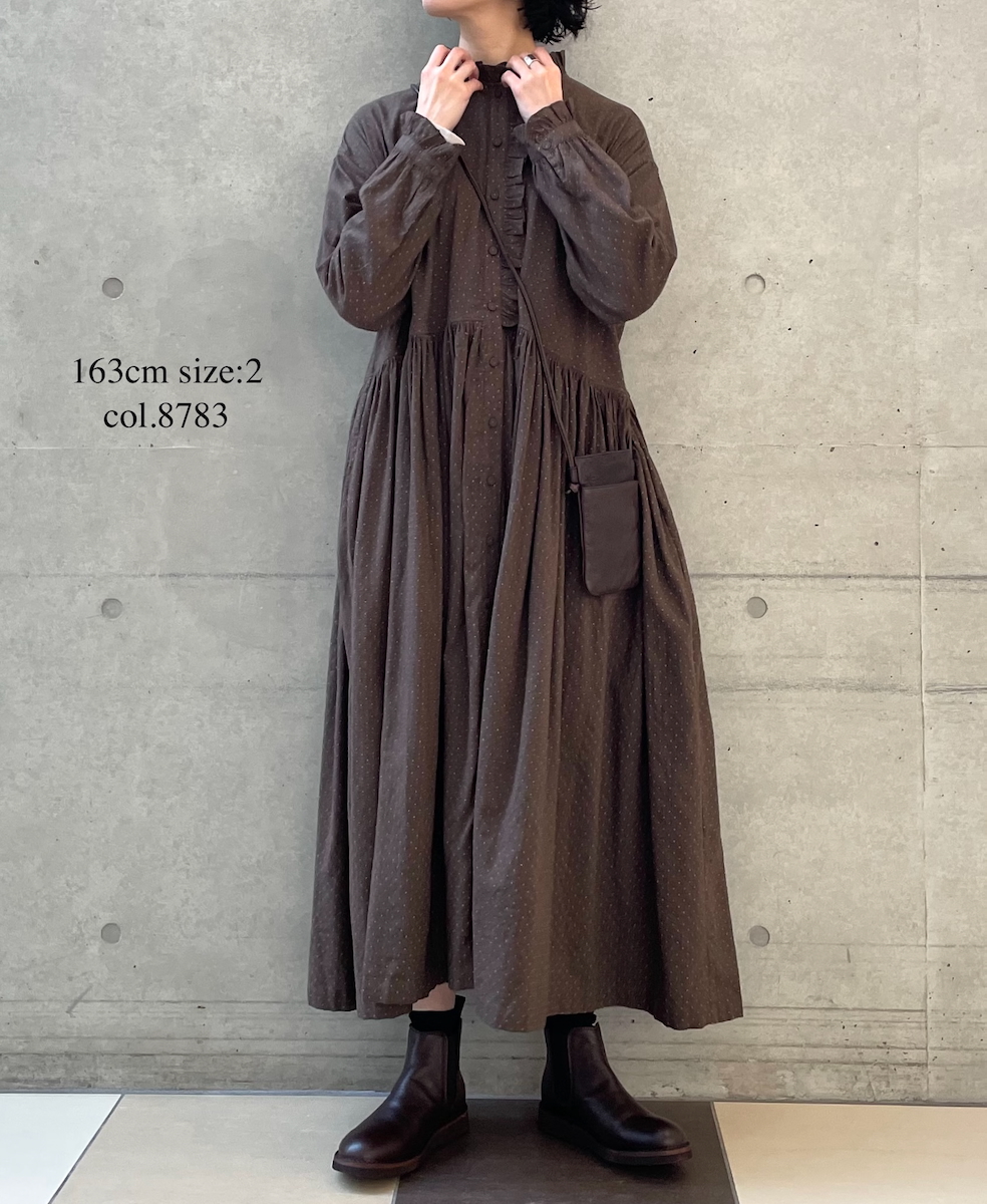 INMDS25764(ワンピース) WOOL/COTTON/SILK PIN DOT PRINT FRILL COLLAR SHIRT DRESS WITH RAJASTHAN GATHER