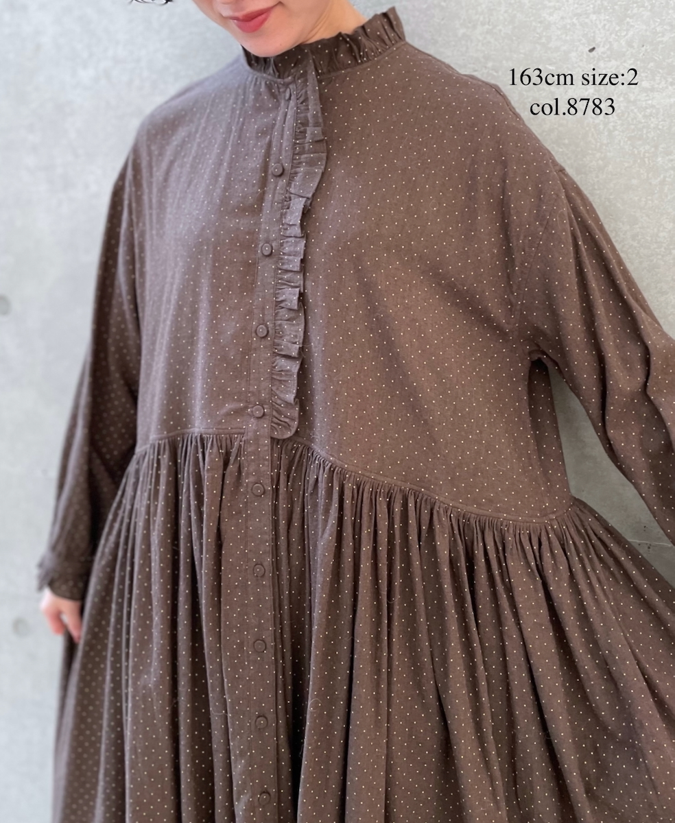 ●INMDS25764(ワンピース) WOOL/COTTON/SILK PIN DOT PRINT FRILL COLLAR SHIRT DRESS WITH RAJASTHAN GATHER