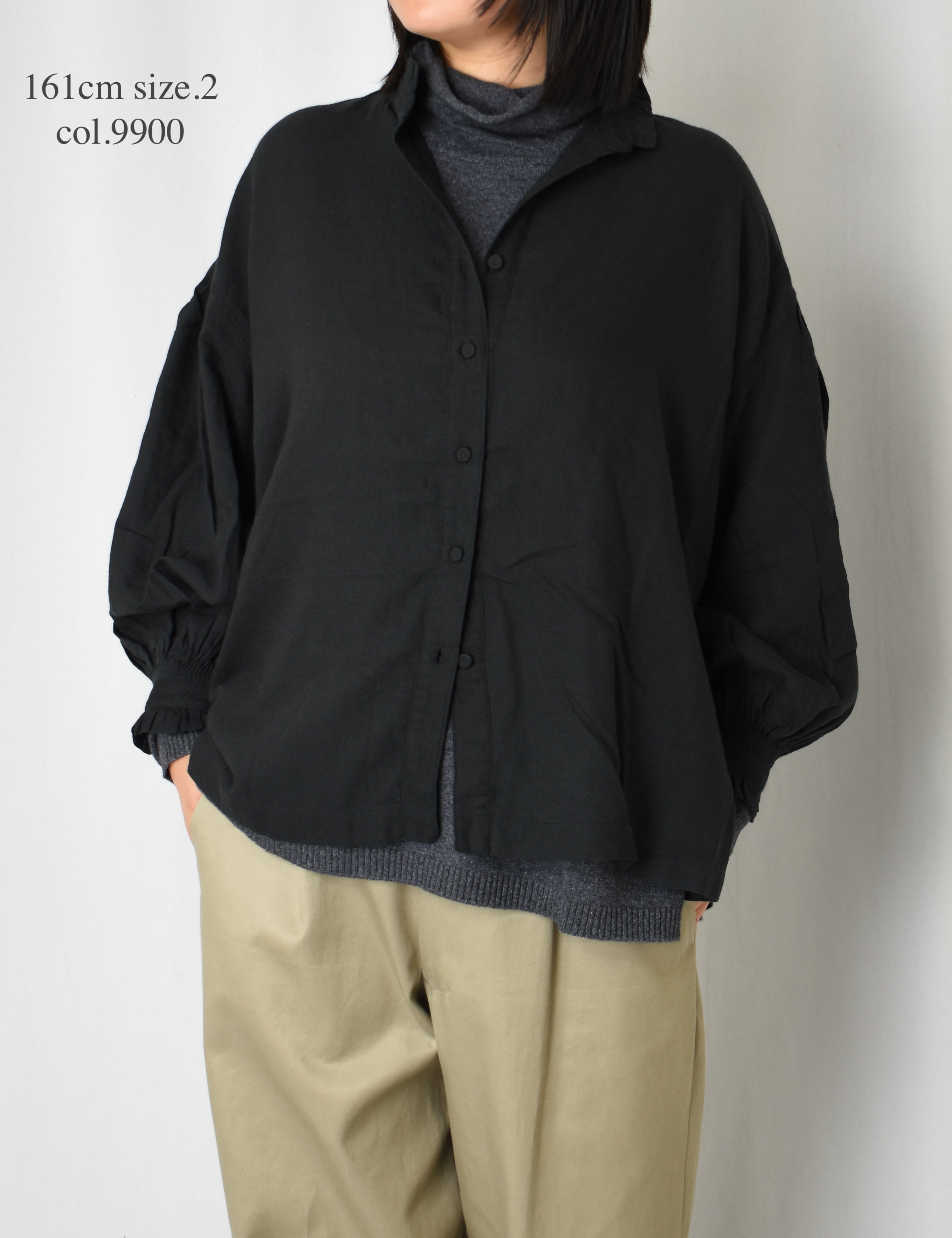 INMDS24702W(シャツ) TWILL COTTON KHADI PLAIN(WASH) FRILL COLLAR SHIRT WITH MINI PINTUCK