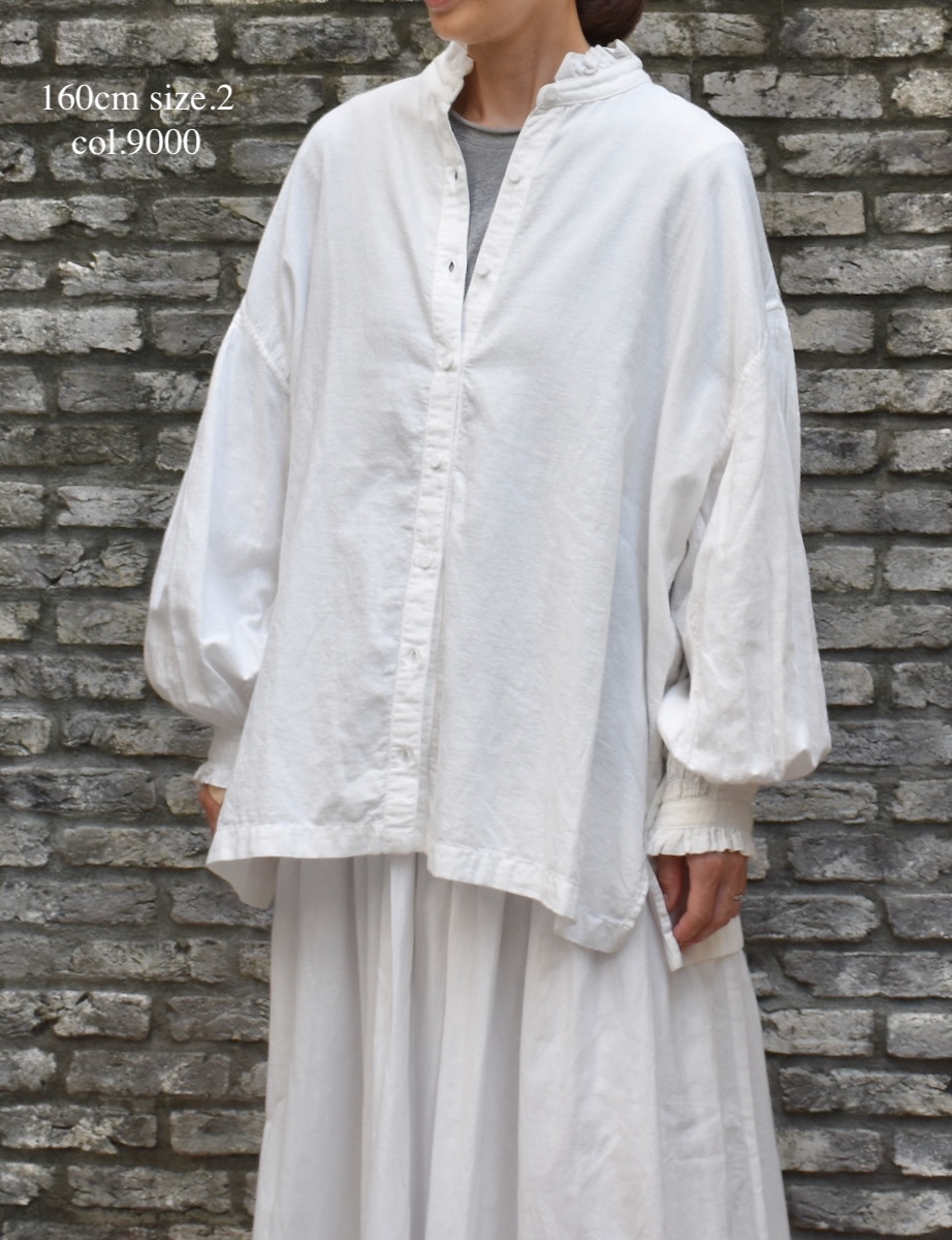 INMDS24702W(シャツ) TWILL COTTON KHADI PLAIN(WASH) FRILL COLLAR SHIRT WITH MINI PINTUCK