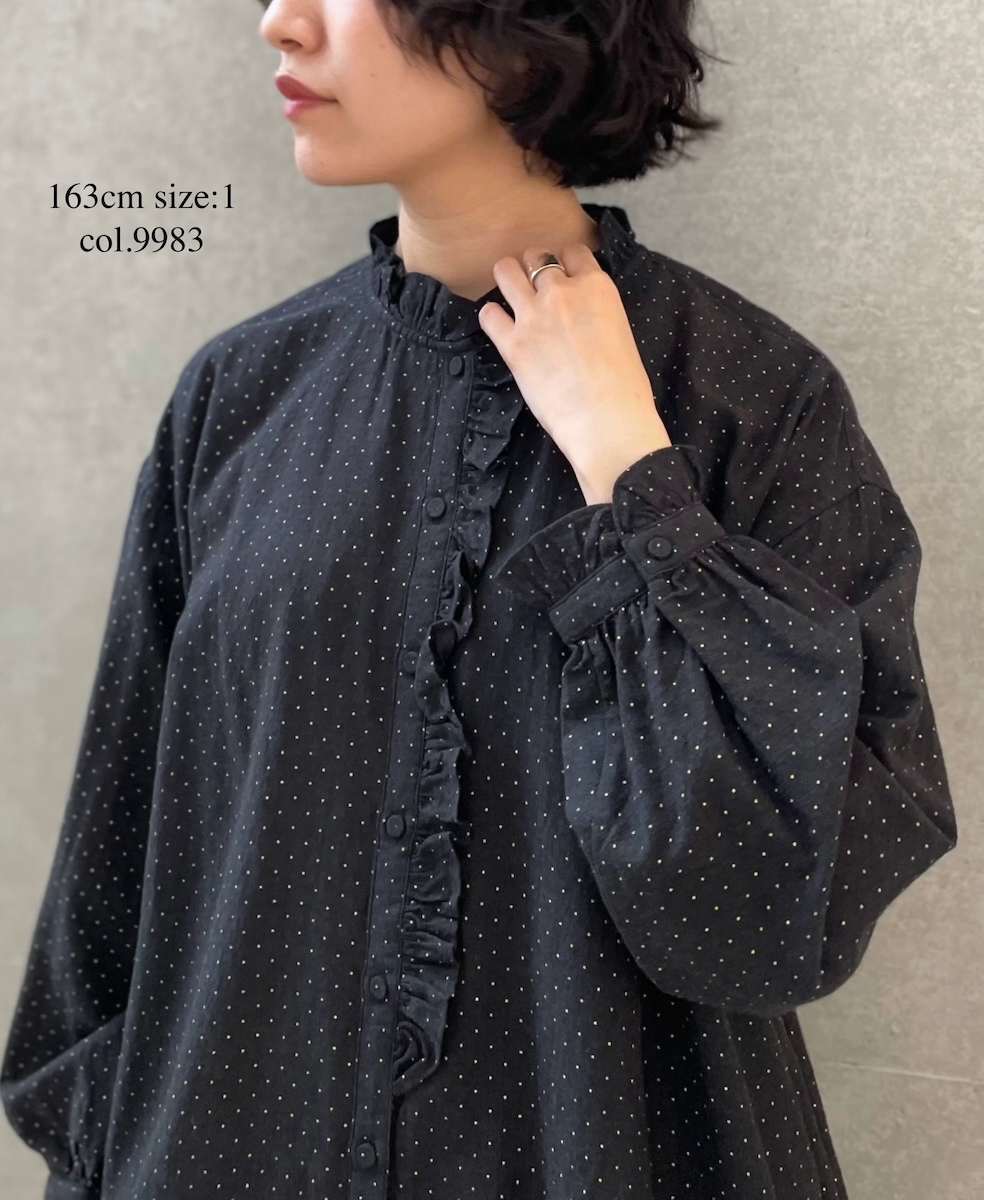 ●INMDS25763(シャツ) WOOL/COTTON/SILK PIN DOT PRINT FRILL COLLAR LONG SHIRT