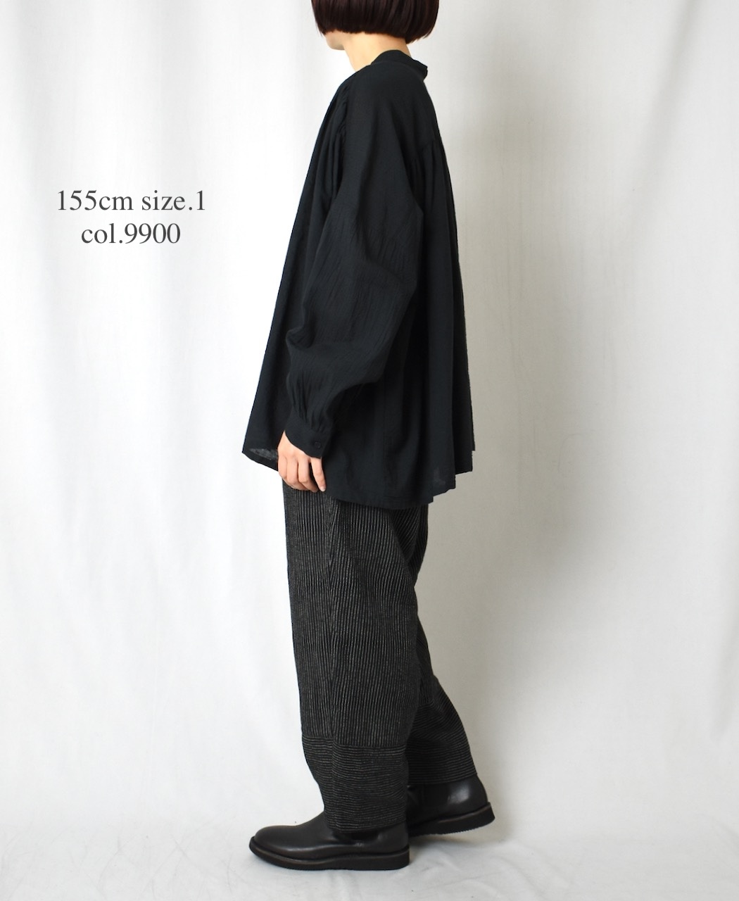 NSL25612(シャツ) COTTON DOBIE DOT PATCHWORK BANDED COLLAR GATHERED SHIRT